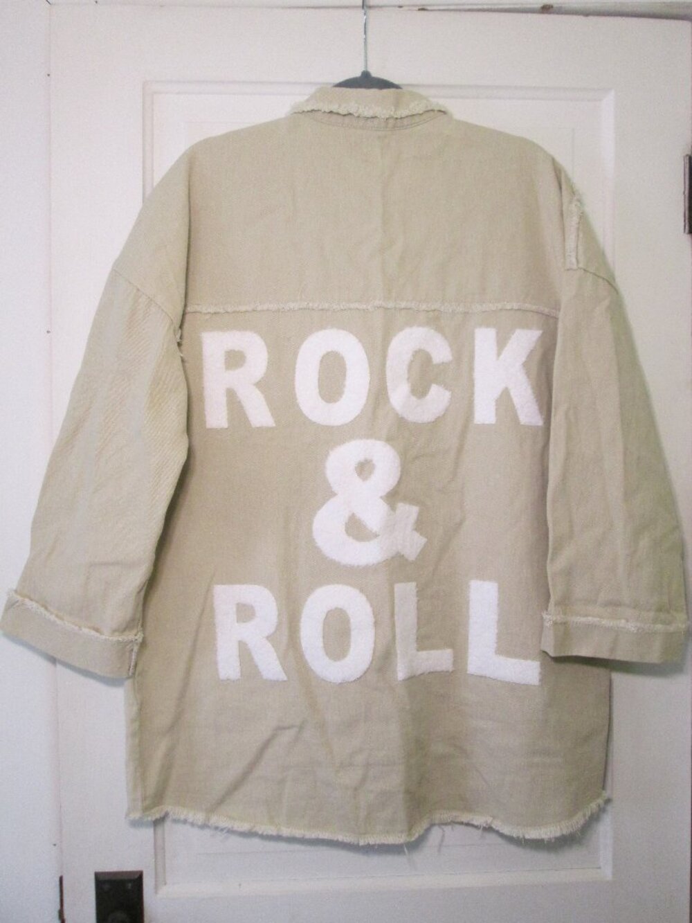 Rock & Roll Spellout Oversized Raw Edge Khaki Twill Cotton Shacket Shirt Size S